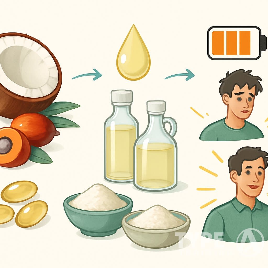 Illustration showing different sources and forms of MCT oil alongside a visual progression from low energy to high energy and peak performance.