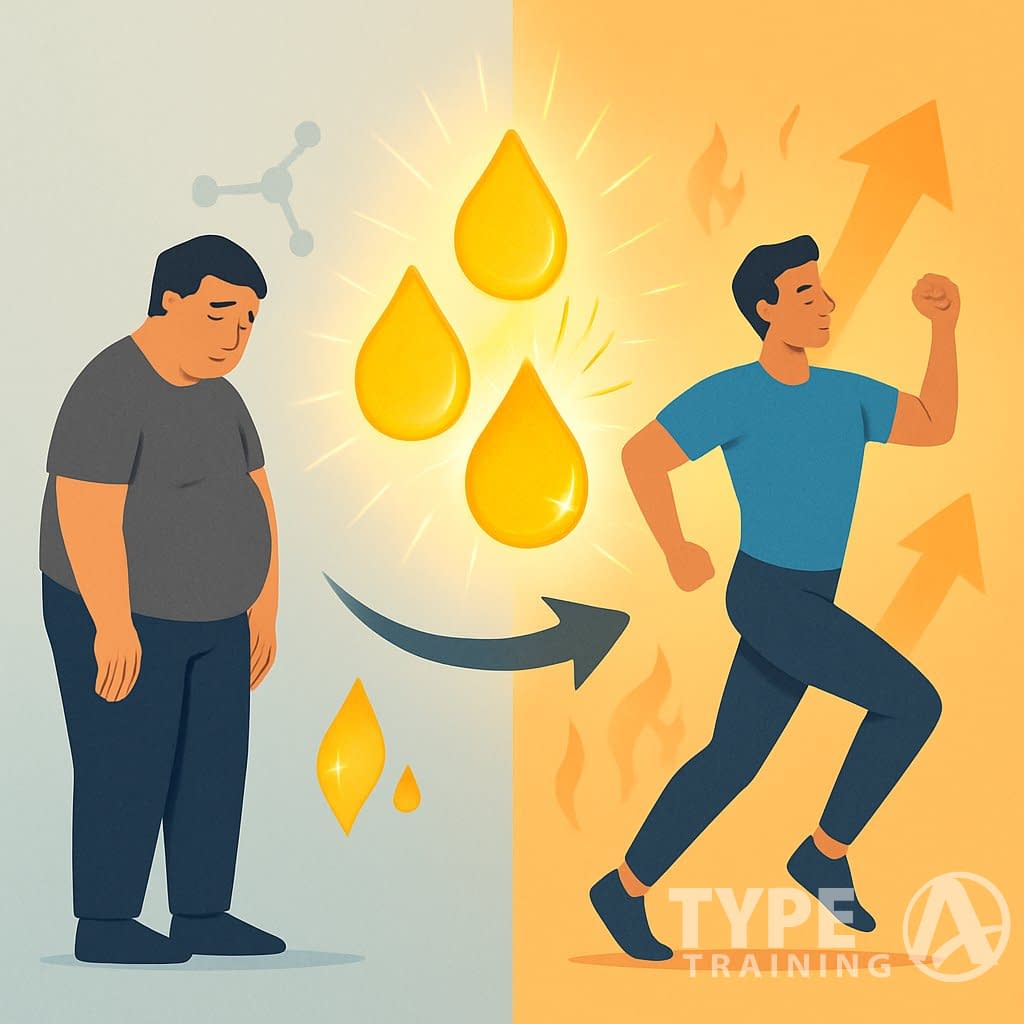 A person transitioning from tired and sluggish to energetic and active with glowing oil droplets symbolizing fat-burning and increased energy.