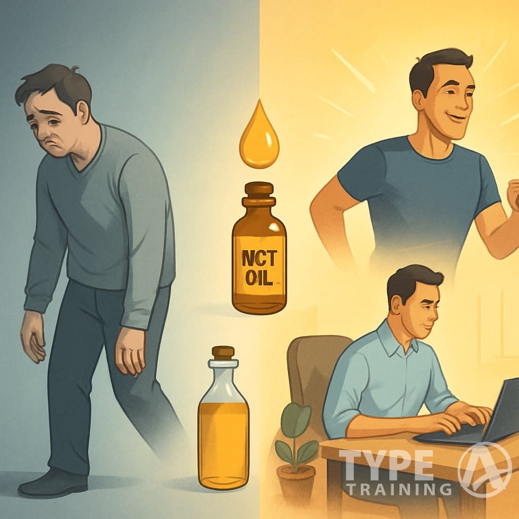 A person transitioning from feeling tired and sluggish to energetic and active, engaging in daily activities like exercising, working, and cooking, with a small bottle of oil subtly included in the scene.