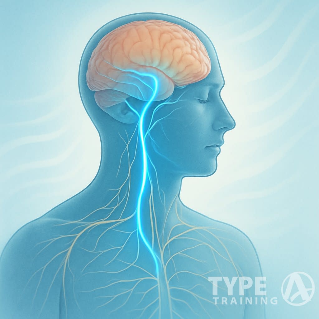 Human figure highlighting the vagus nerve glowing from the brainstem down the neck, surrounded by calming light effects symbolizing stress relief.