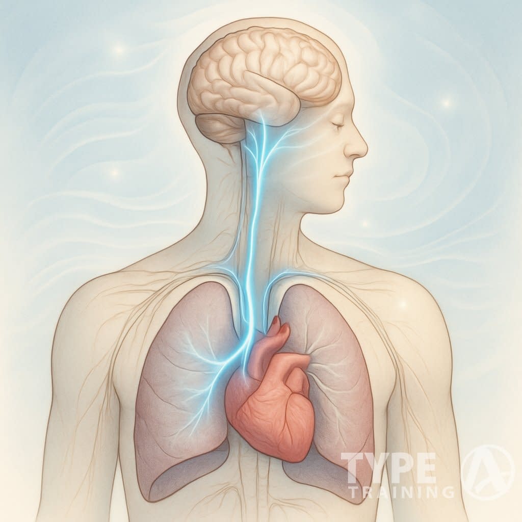 An anatomical illustration of the upper torso highlighting the vagus nerve running from the brainstem through the neck into the chest, showing its connection to the heart and lungs.