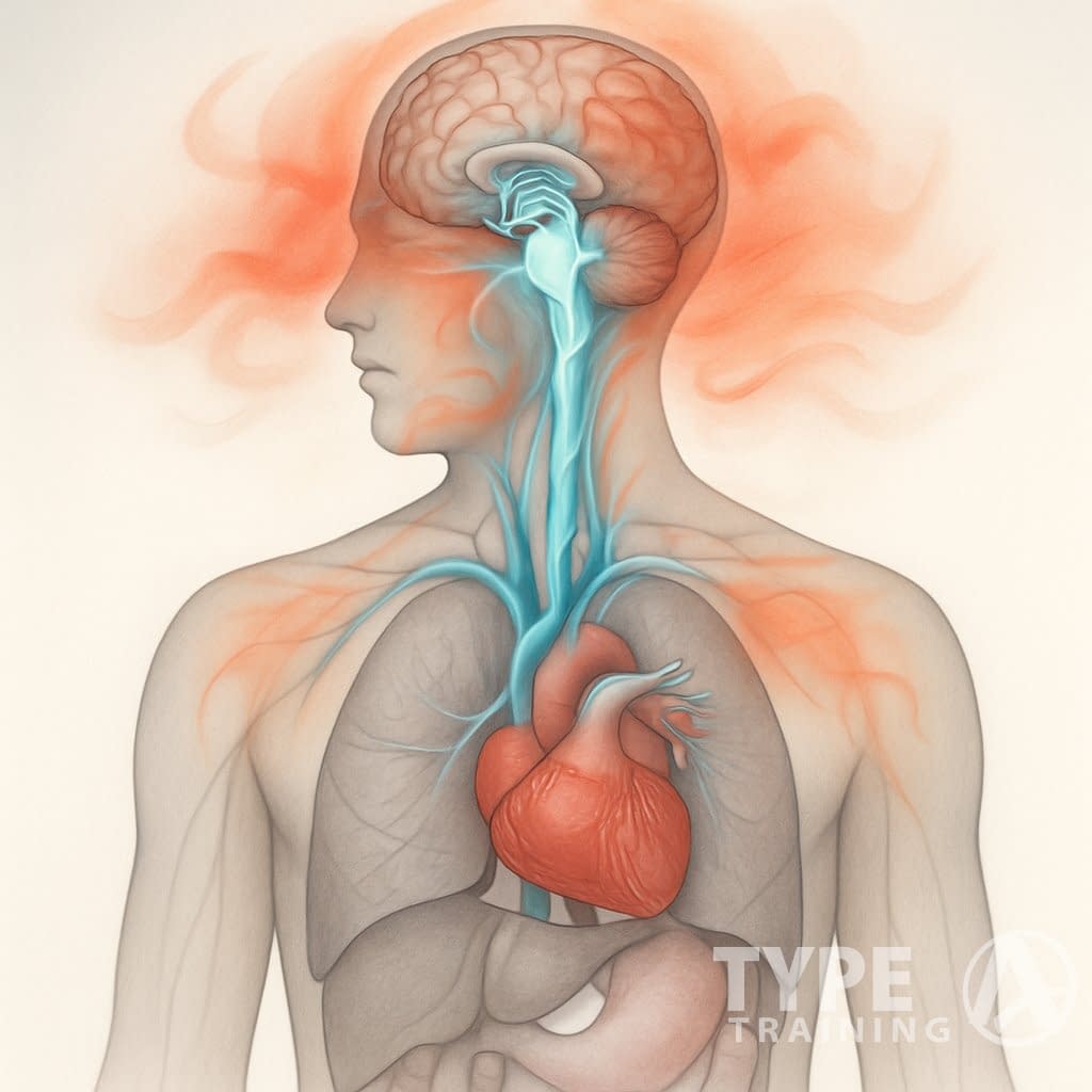 Illustration of the human upper torso highlighting the vagus nerve connecting the brainstem to the chest and abdomen, with visual elements representing anxiety and stress around the head and chest.