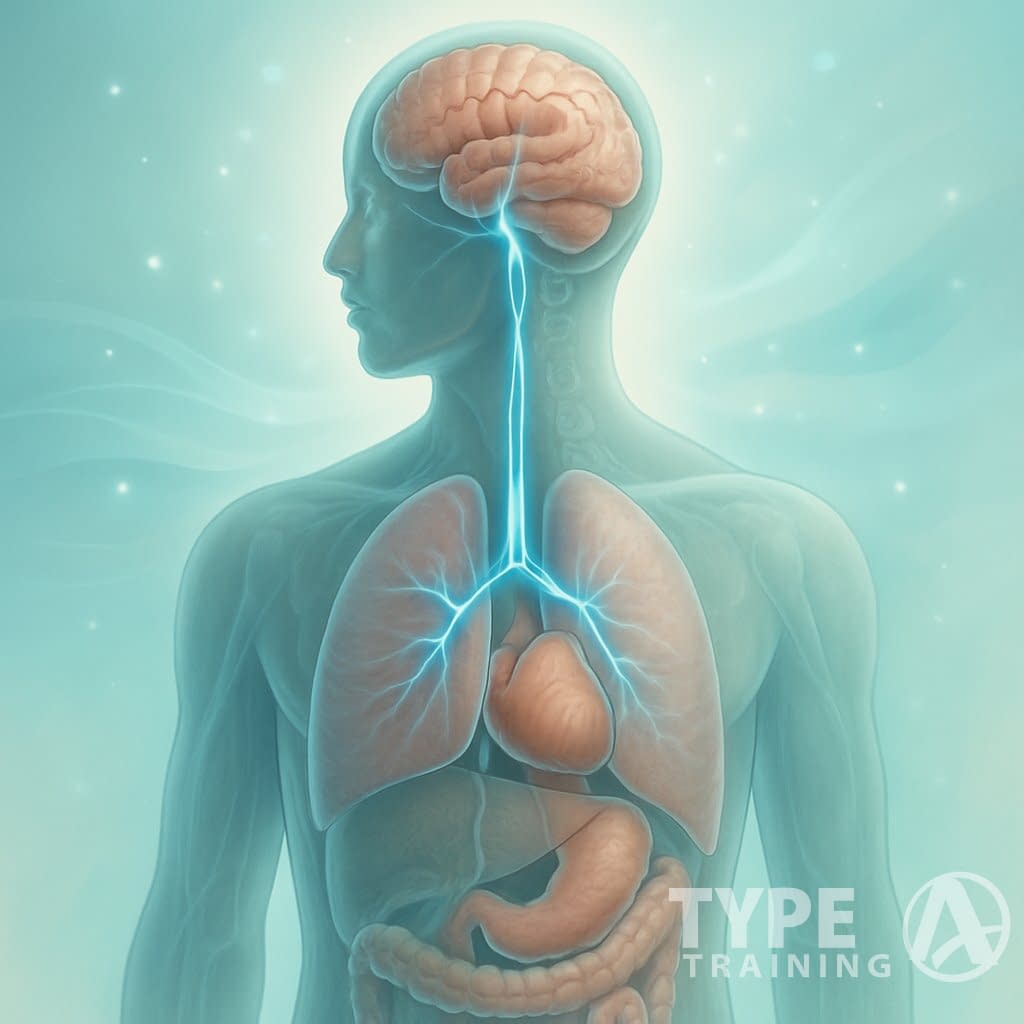 Illustration of a human torso showing the vagus nerve connecting the brain to the heart, lungs, and digestive system, symbolizing its role in reducing anxiety and stress.