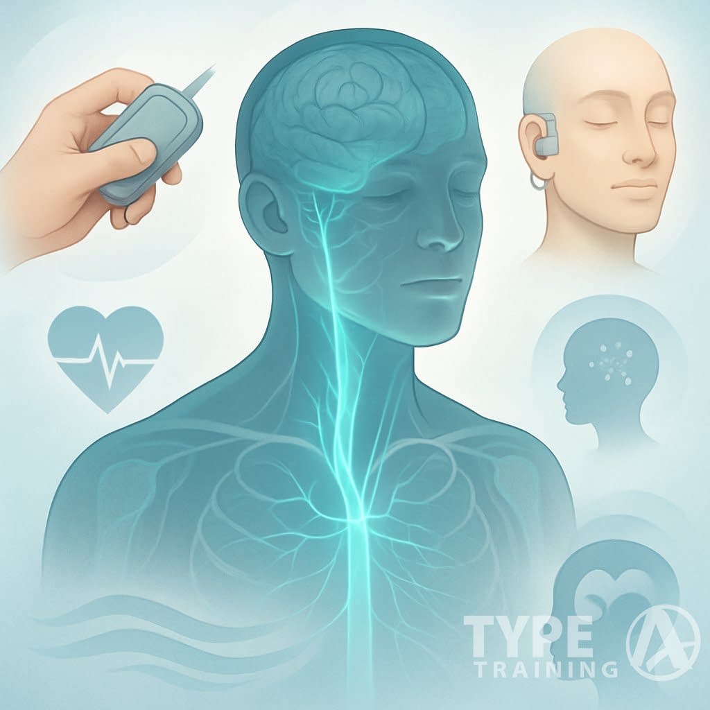 Illustration of a human upper body showing the vagus nerve highlighted, with devices and symbols representing techniques to stimulate it for reducing anxiety and stress.
