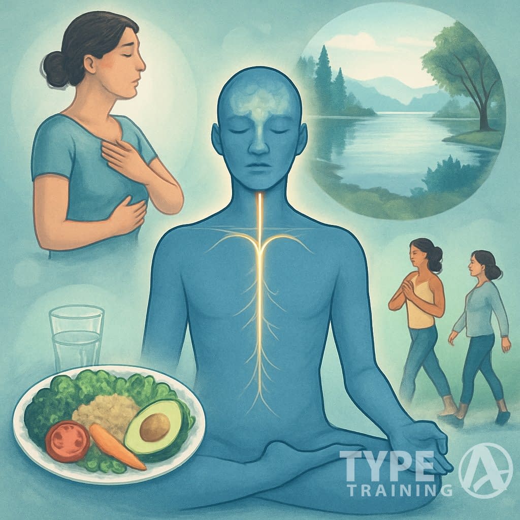 A calm person meditating with highlighted nerve pathways surrounded by images of deep breathing, healthy food, nature, and gentle exercise.
