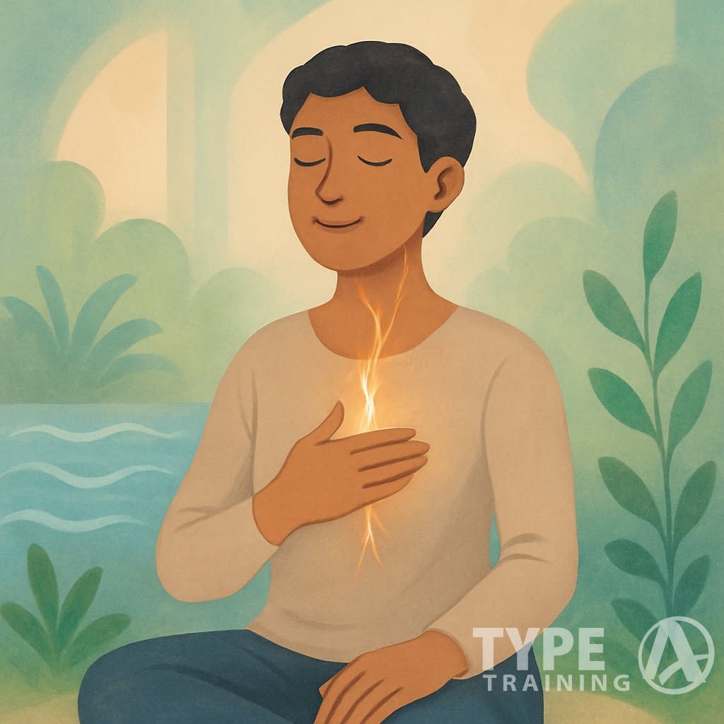 A person sitting peacefully with eyes closed, surrounded by calming natural elements and a glowing highlight along the neck and chest representing the vagus nerve.