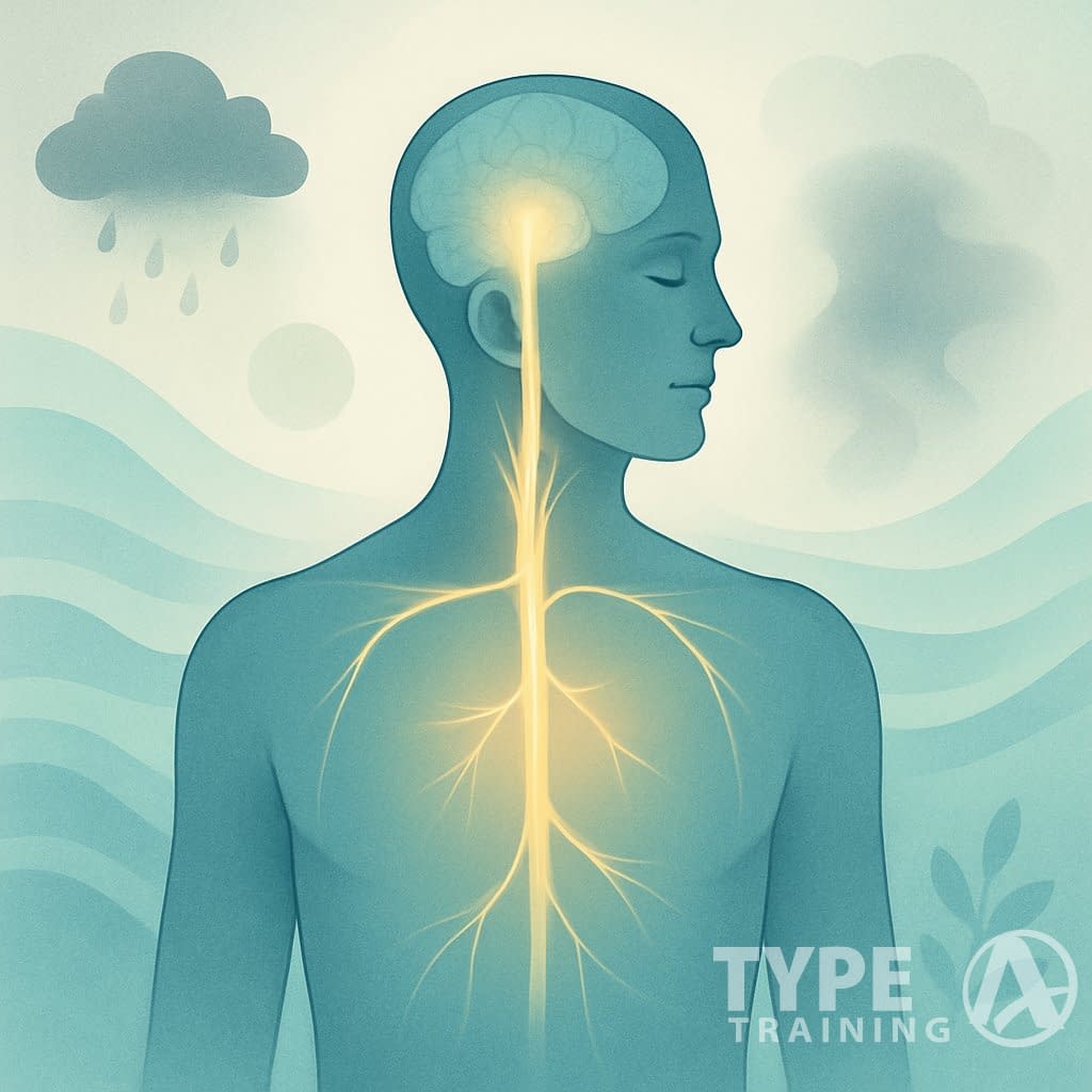 An illustration of a human figure with a highlighted vagus nerve, surrounded by calming colors and symbols representing relief from anxiety and stress.