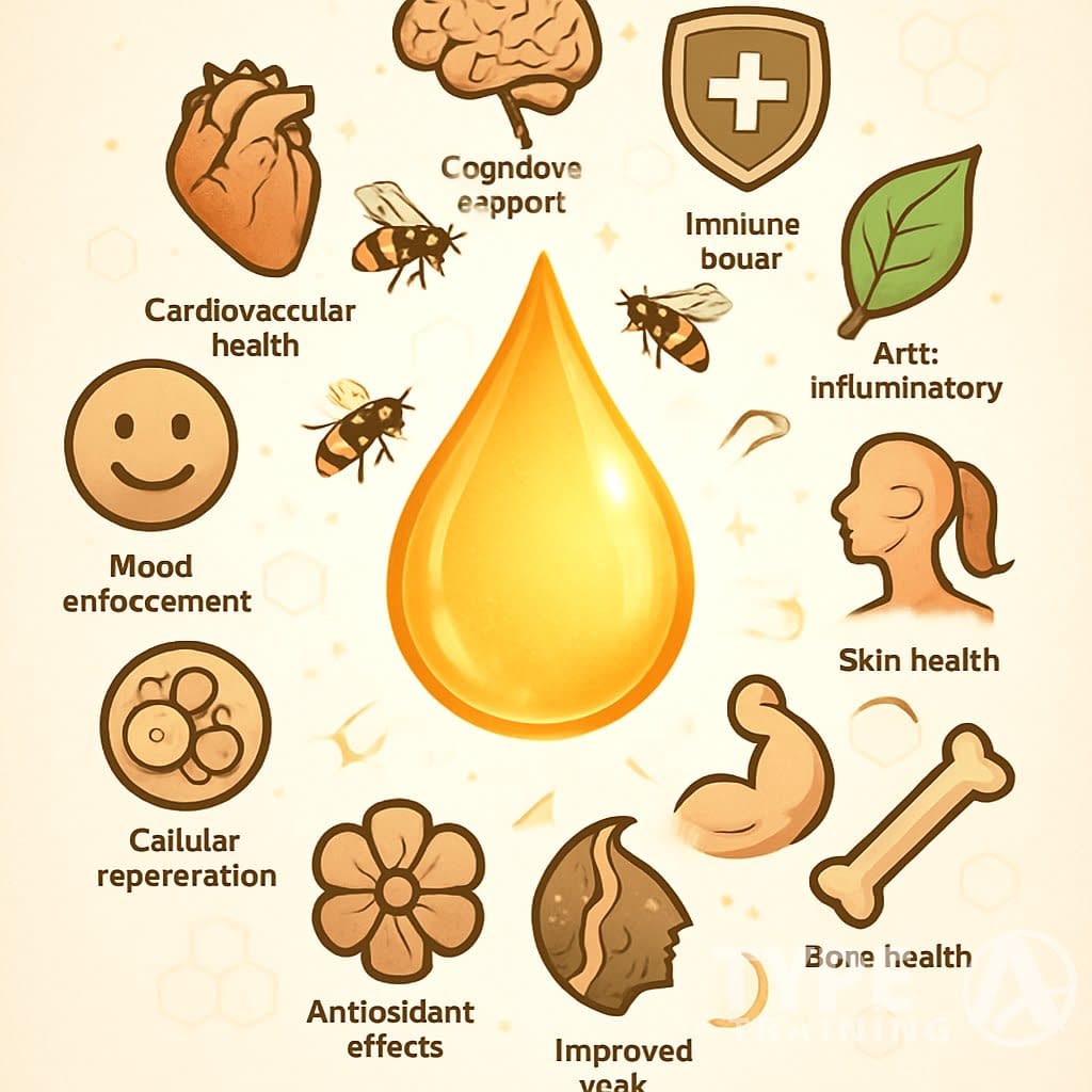 A glowing drop of royal jelly surrounded by twelve icons representing different health benefits, with bees and honeycomb patterns in the background.