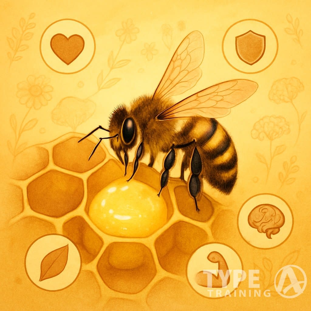 A close-up of a honeybee tending to royal jelly inside a honeycomb surrounded by icons symbolizing health benefits like heart, shield, brain, leaf, and muscle.
