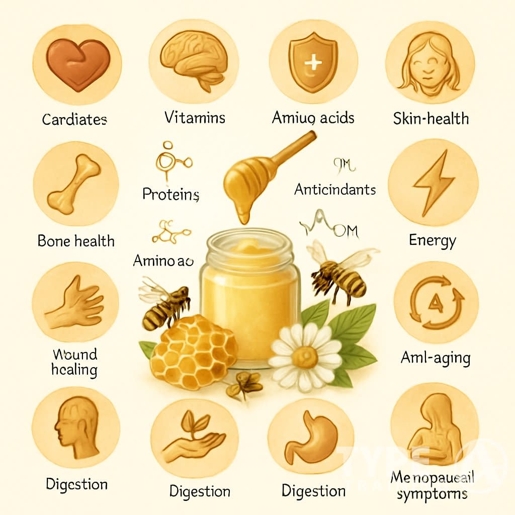 A jar of royal jelly surrounded by bees, honeycombs, flowers, and twelve icons representing different health benefits and nutritional components.