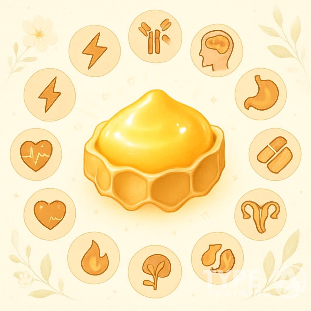 An illustration of golden royal jelly in a honeycomb surrounded by twelve icons representing various health benefits related to anti-inflammatory and antioxidant effects.