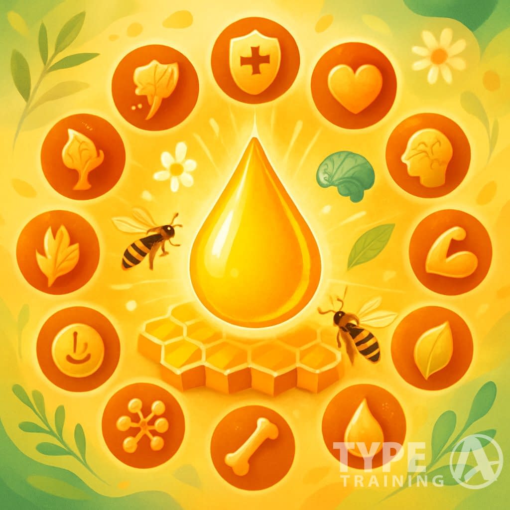 A glowing drop of royal jelly surrounded by honeycomb cells and bees, with twelve icons representing different health benefits arranged around it.