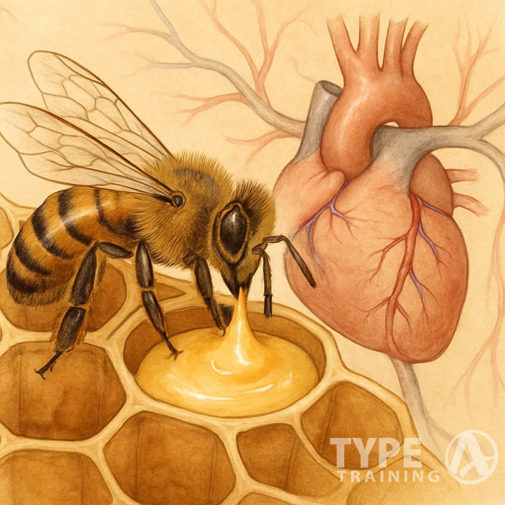 A honeybee collecting royal jelly from a honeycomb with a healthy human heart and blood vessels in the background.