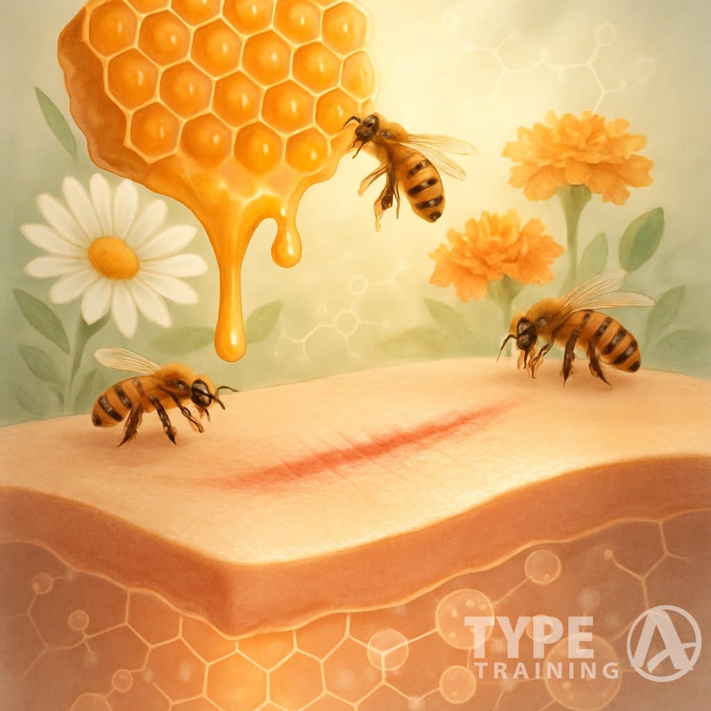 Close-up of healthy skin healing with a honeycomb dripping royal jelly, bees, and flowers surrounding it, symbolizing skin health and wound recovery.