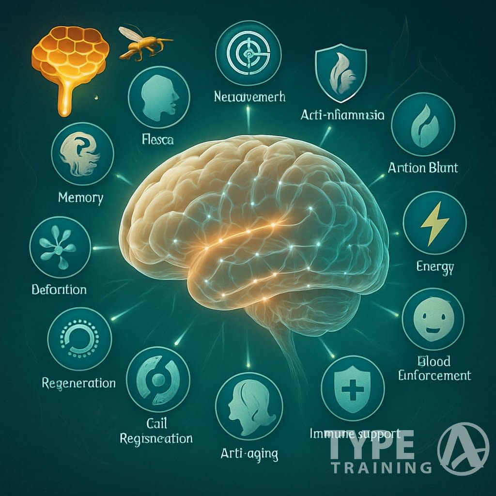 A human brain surrounded by twelve icons representing different health benefits, connected by glowing lines to a golden honeycomb with royal jelly dripping from it.