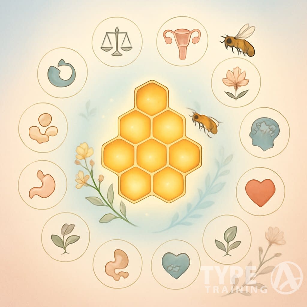 An illustration showing a glowing honeycomb surrounded by twelve icons representing various health benefits related to hormonal balance and reproductive health, with bees and flowers in the background.