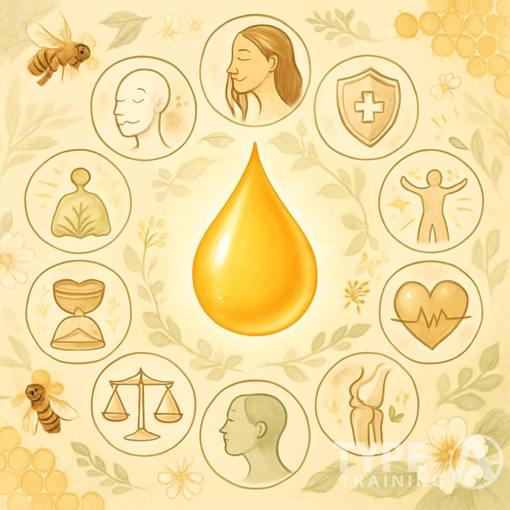 A glowing golden drop of royal jelly surrounded by twelve icons representing different health benefits, with bees, honeycombs, and flowers in the background.
