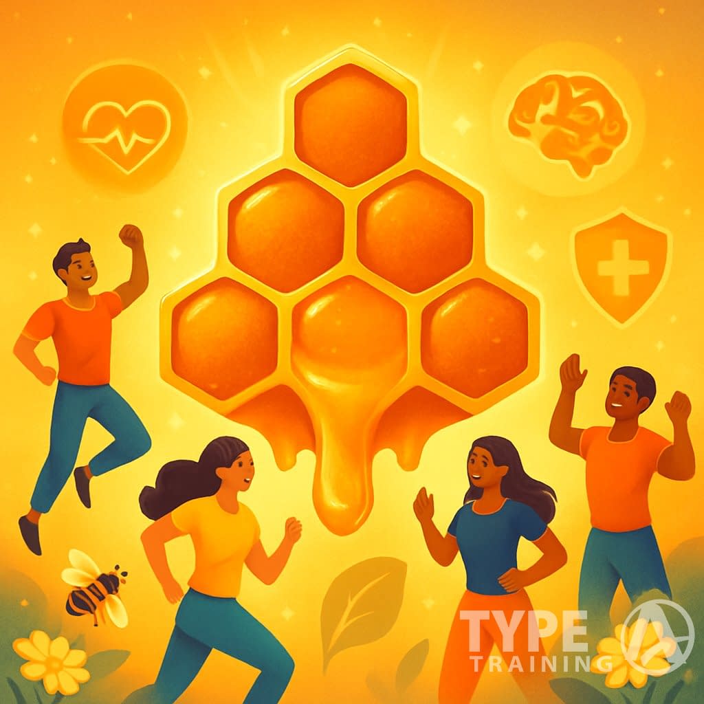 Glowing honeycomb with golden royal jelly surrounded by energetic people and symbols representing health benefits like heart, brain, and immunity.