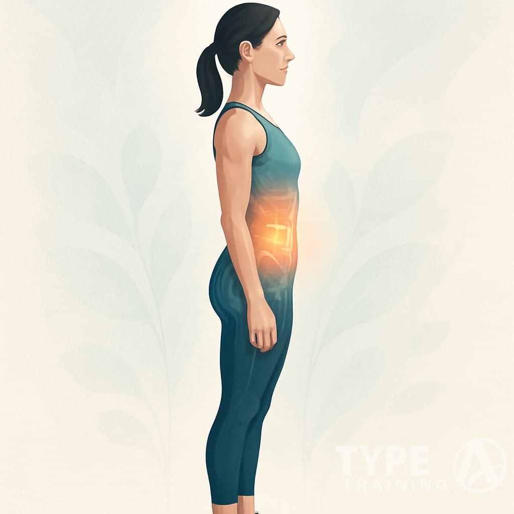 A person standing with perfect posture, showing highlighted core muscles to emphasize strength and balance.