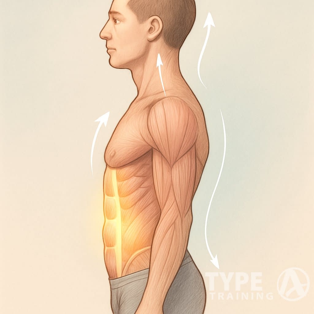 Side view of a person standing with proper posture, showing highlighted core muscles supporting a straight spine and aligned body.