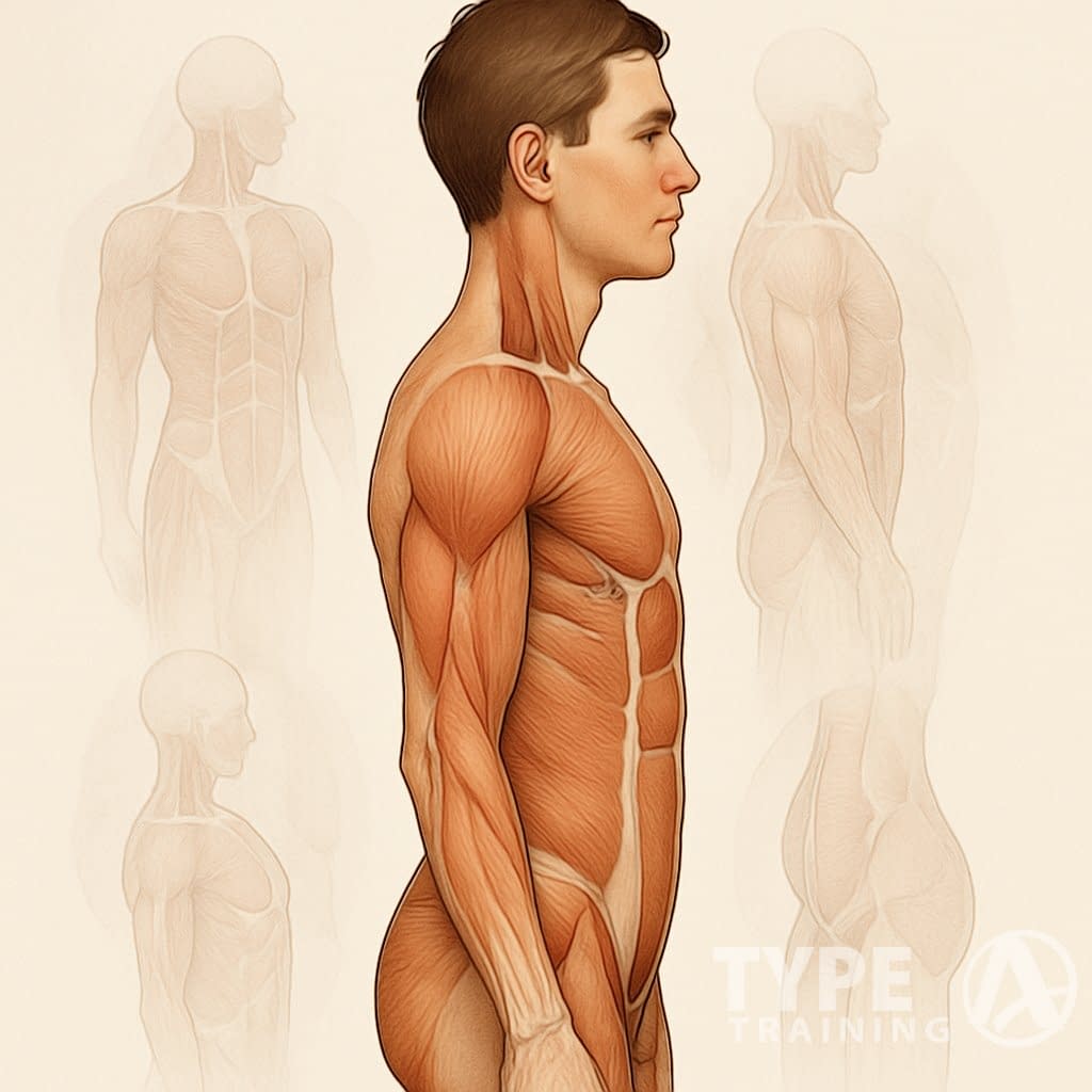 Side view of a human figure showing core muscles and a straight spine to illustrate the connection between core training and good posture.