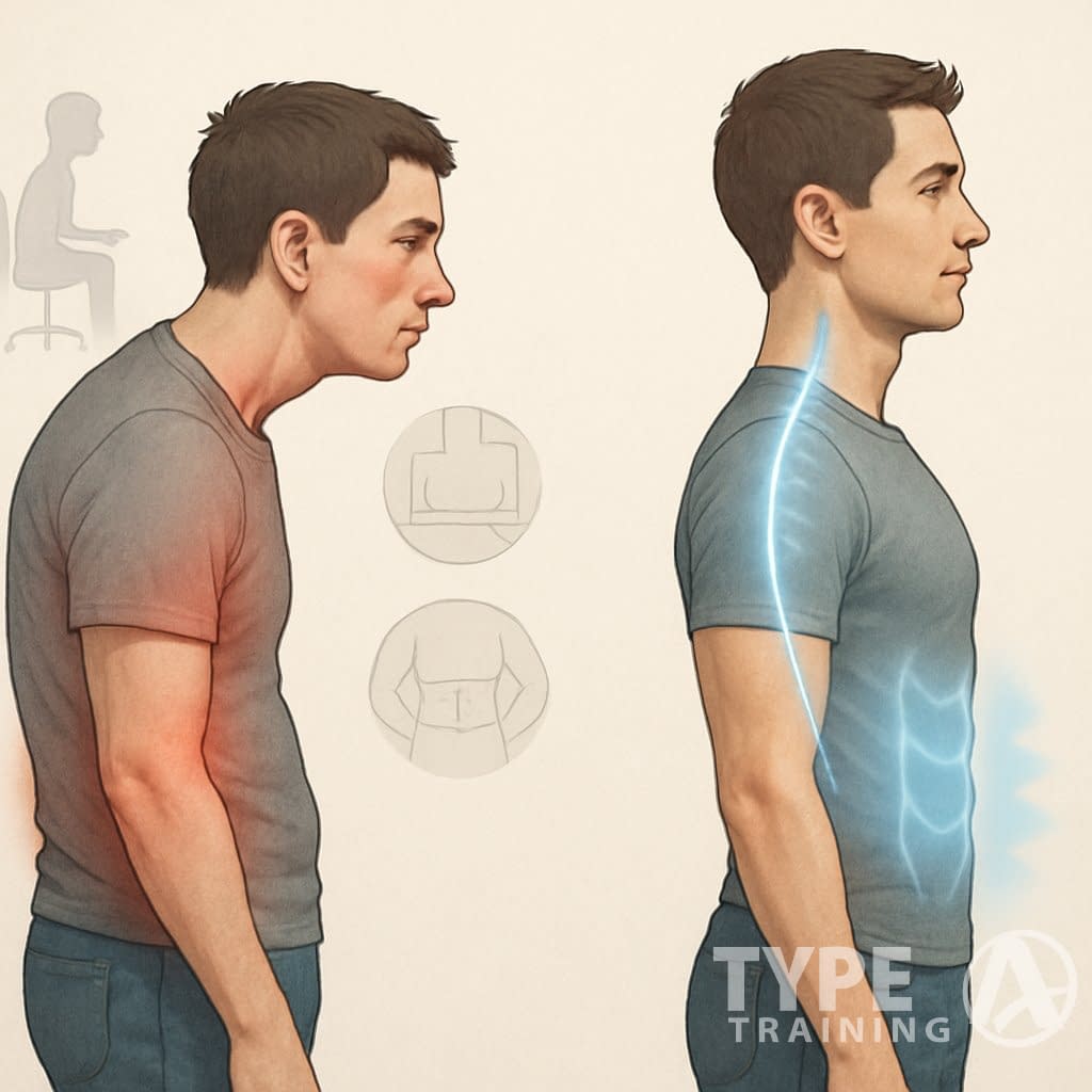 Illustration comparing a person with poor posture and strain to the same person standing upright with strong core muscles and good posture.