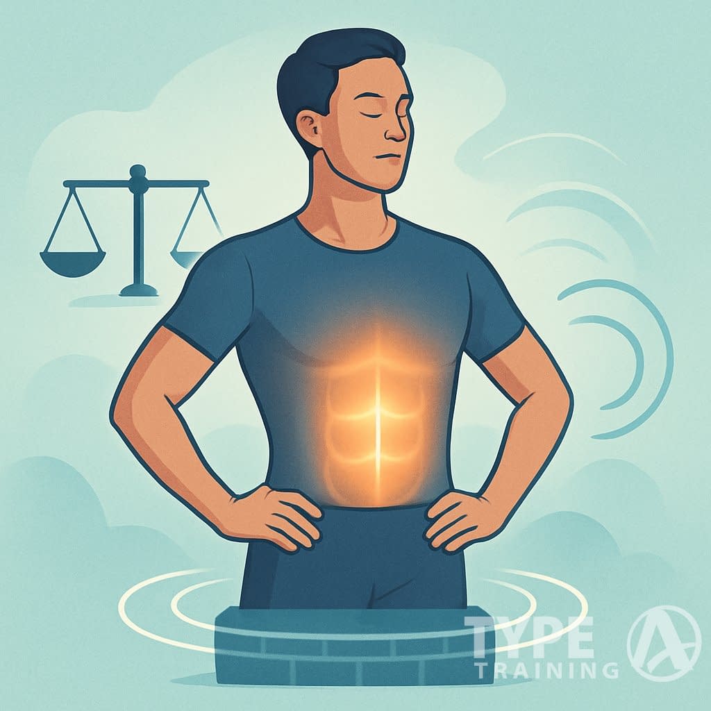 A person standing with perfect posture, core muscles highlighted, surrounded by symbols of balance and stability.