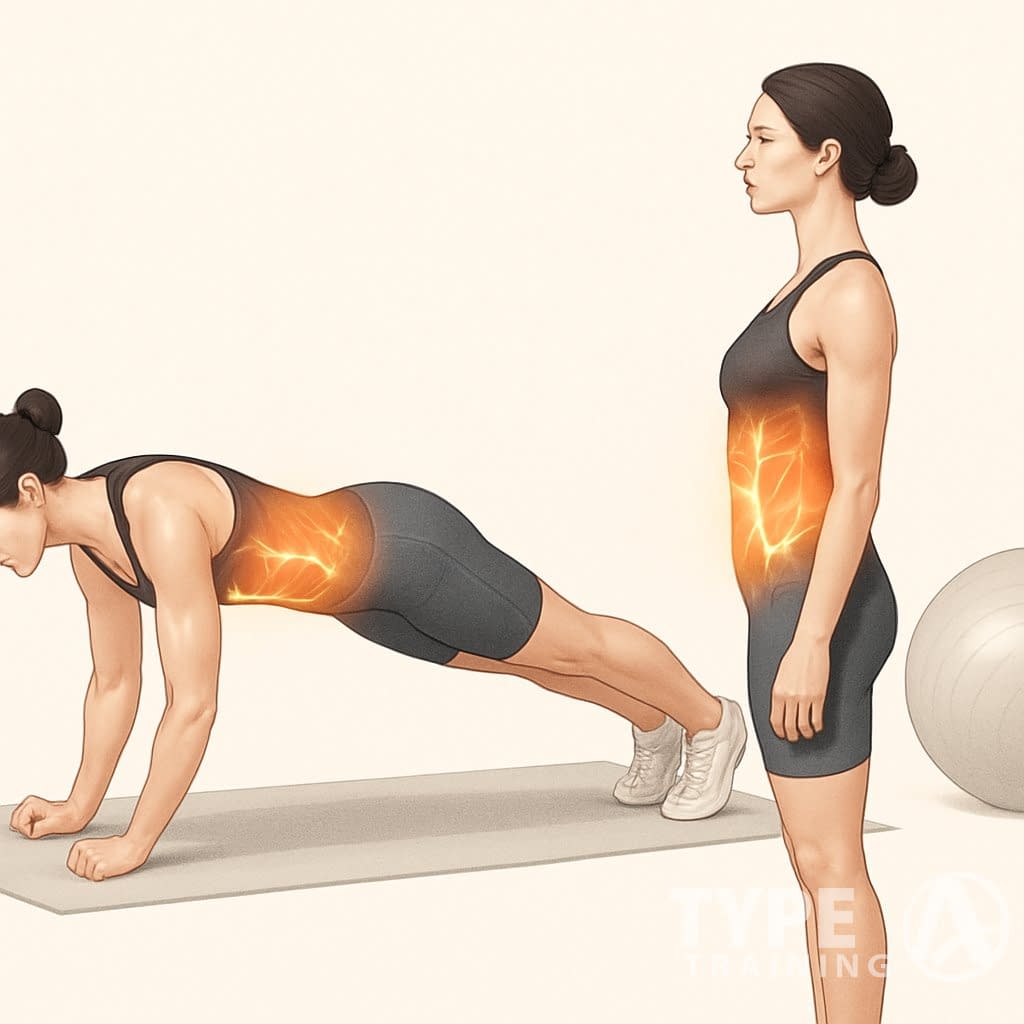 A person performing core exercises showing front and side views with highlighted core muscles, demonstrating how core training improves posture.