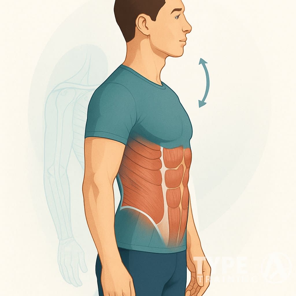 An illustration of a person standing upright with highlighted core muscles, showing strong posture and a straight spine.