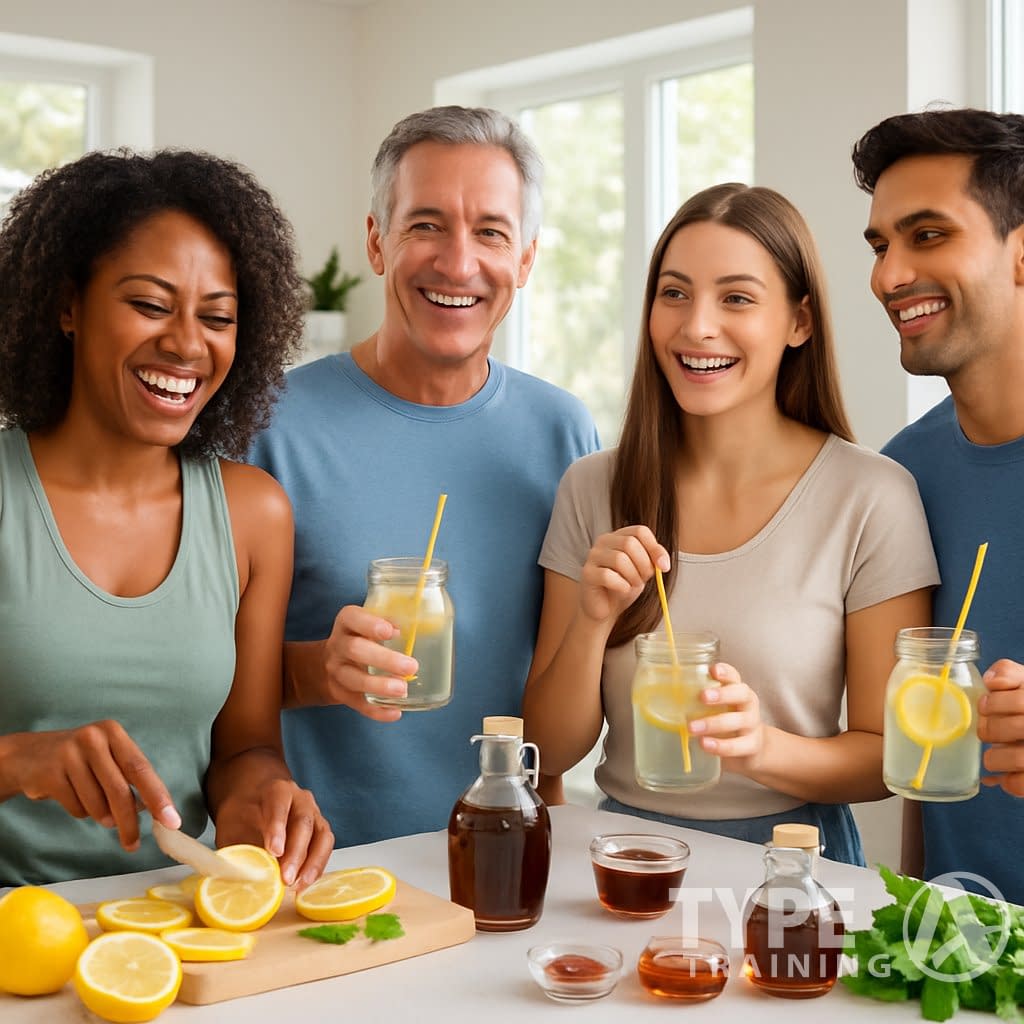 A group of healthy adults preparing and enjoying fresh lemon water with lemons and natural ingredients on a kitchen counter, smiling and looking vibrant.