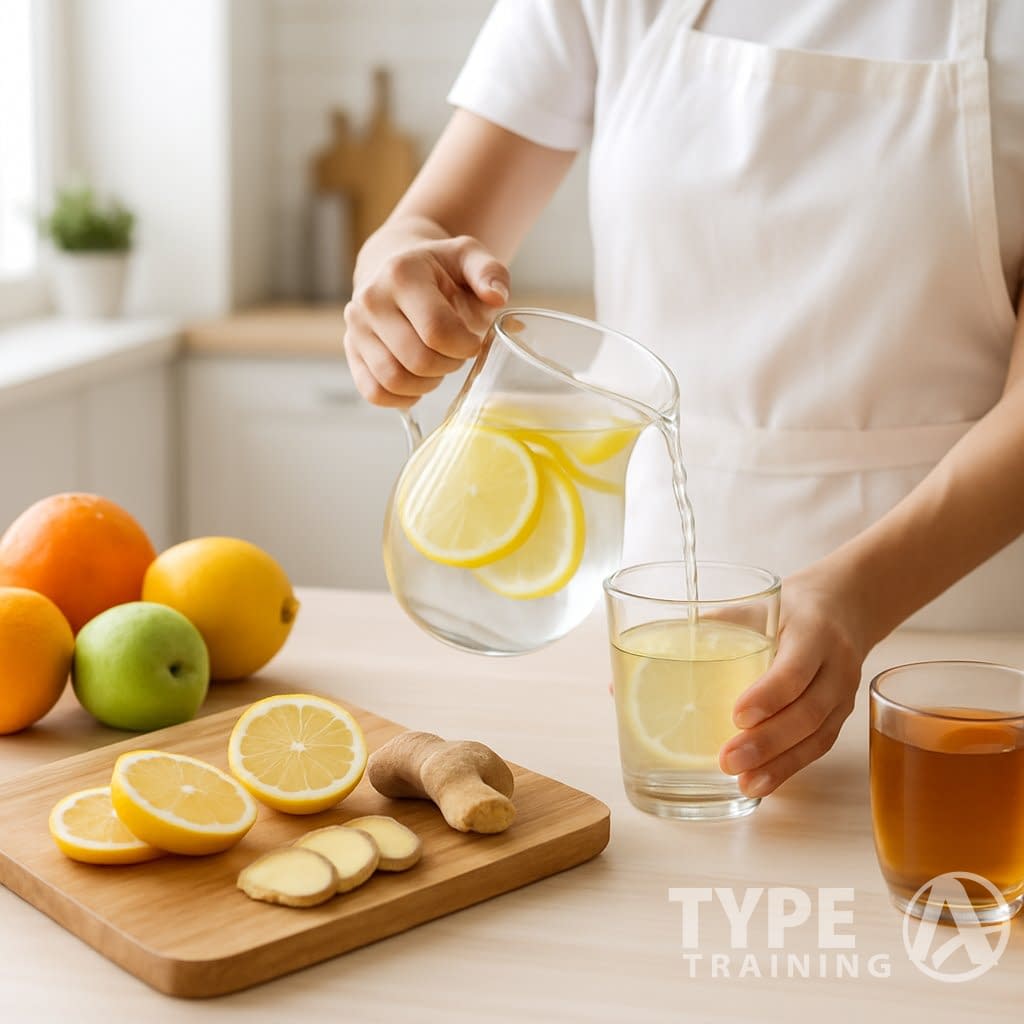 A kitchen scene with fresh lemons, ginger, fruit, and a person pouring lemon water into a glass.