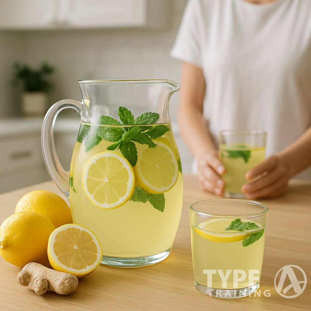 A glass pitcher and glass of lemon-infused detox drink on a wooden countertop with fresh lemons and ginger nearby.