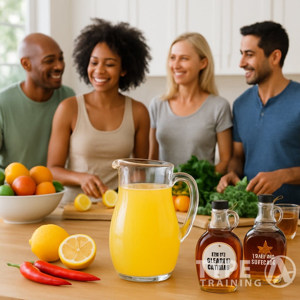 People preparing fresh ingredients and a lemon detox drink in a bright kitchen, promoting healthy living.