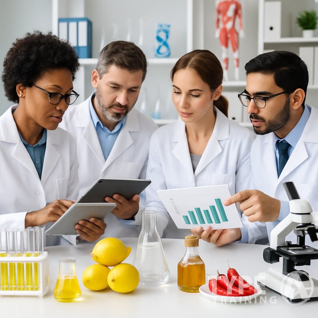 Scientists and nutritionists discussing health research in a modern laboratory with natural ingredients displayed on a table.