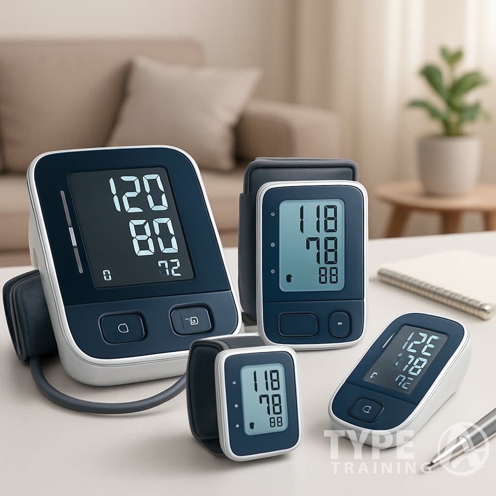 A variety of blood pressure monitors including arm cuff, wrist, and portable devices displayed on a table in a home setting.