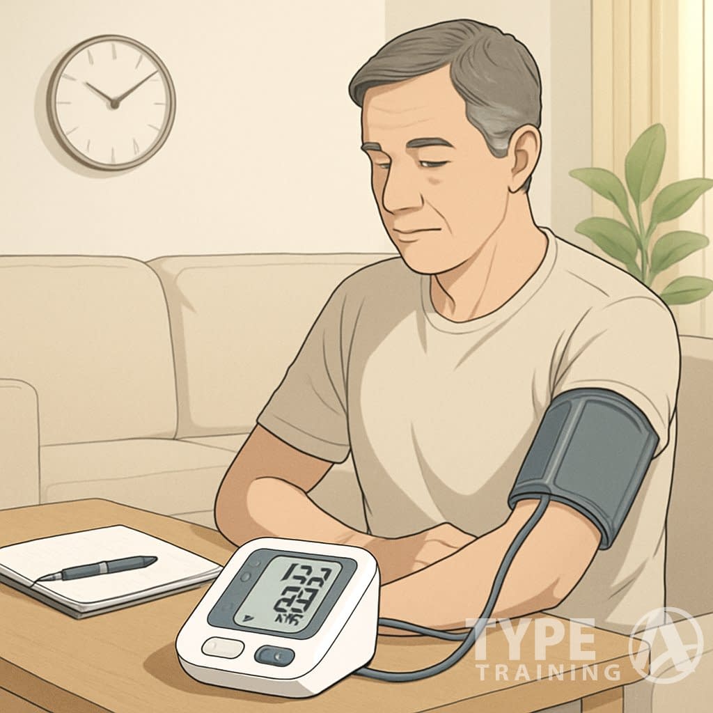 A person sitting on a couch at home, measuring their blood pressure with a digital monitor on their arm, with a notebook on a nearby table.
