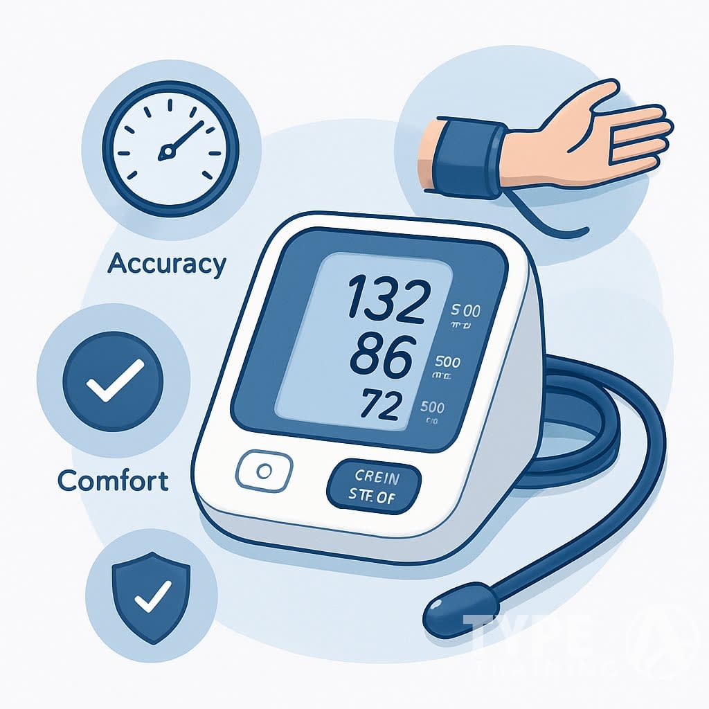 A digital blood pressure monitor with a cuff on an arm, surrounded by icons representing accuracy, comfort, and ease of use.