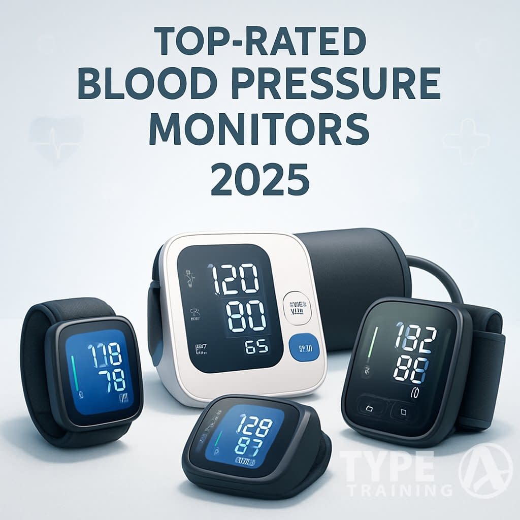 A display of various modern blood pressure monitors with digital screens showing readings on a clean surface.
