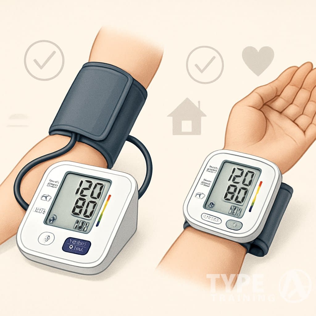 Two blood pressure monitors side by side, one worn on an arm and the other on a wrist, showing digital readings in a home setting.