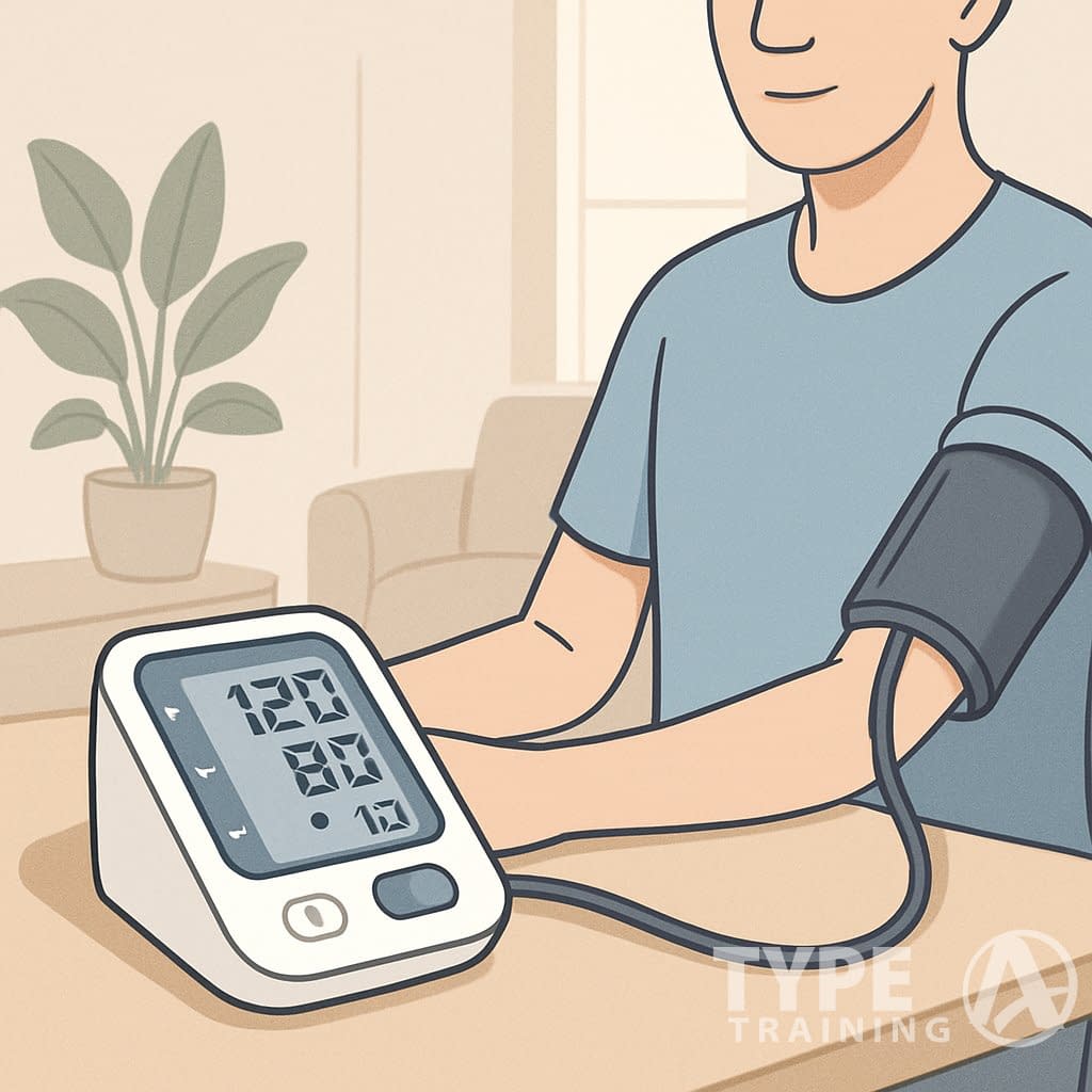 A person using a digital blood pressure monitor at home, with the cuff on their arm and the device displaying readings on a table nearby.