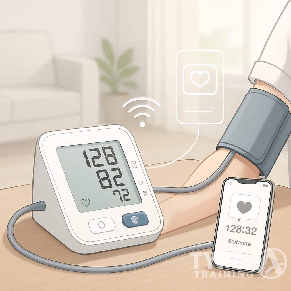 A blood pressure monitor on a table connected wirelessly to a smartphone showing health data, with a person’s arm resting nearby wearing the monitor cuff.