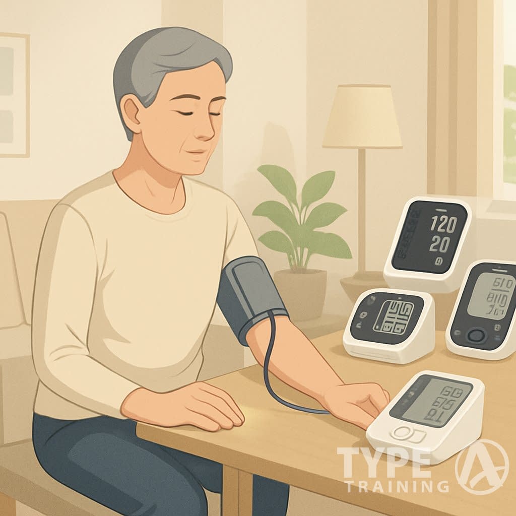 A person sitting in a living room using a blood pressure monitor on their upper arm with the cuff properly placed and the digital monitor showing readings.