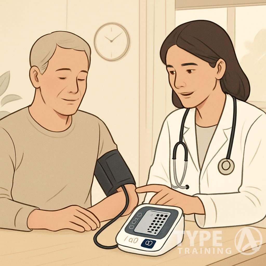 A person using a digital blood pressure monitor at home while a healthcare provider offers guidance in a calm and well-lit room.