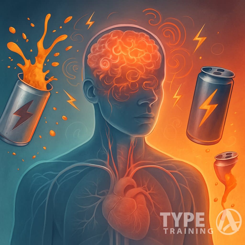 A human figure with a glowing brain surrounded by energy drink elements and visual symbols representing anxiety and mood changes.