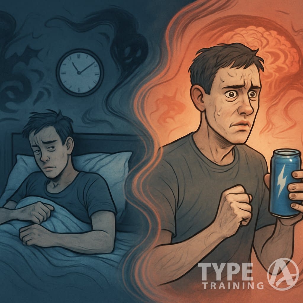 A person struggling to sleep at night and later feeling anxious and stressed while holding an energy drink during the day, with visual elements showing mental health effects.