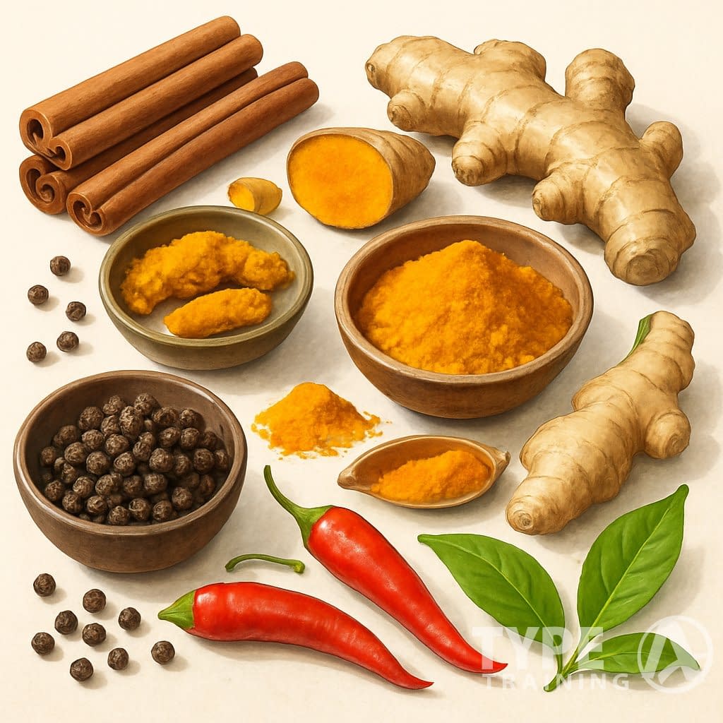 An arrangement of various fresh spices including cinnamon, turmeric, ginger, cayenne peppers, black peppercorns, and green tea leaves displayed on a light background.