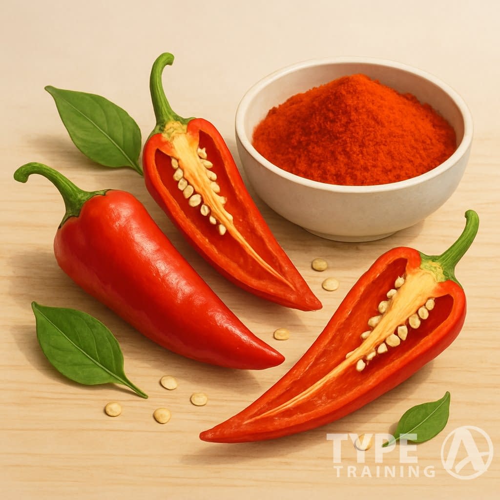 Fresh and sliced cayenne peppers next to a bowl of cayenne pepper powder on a wooden surface.