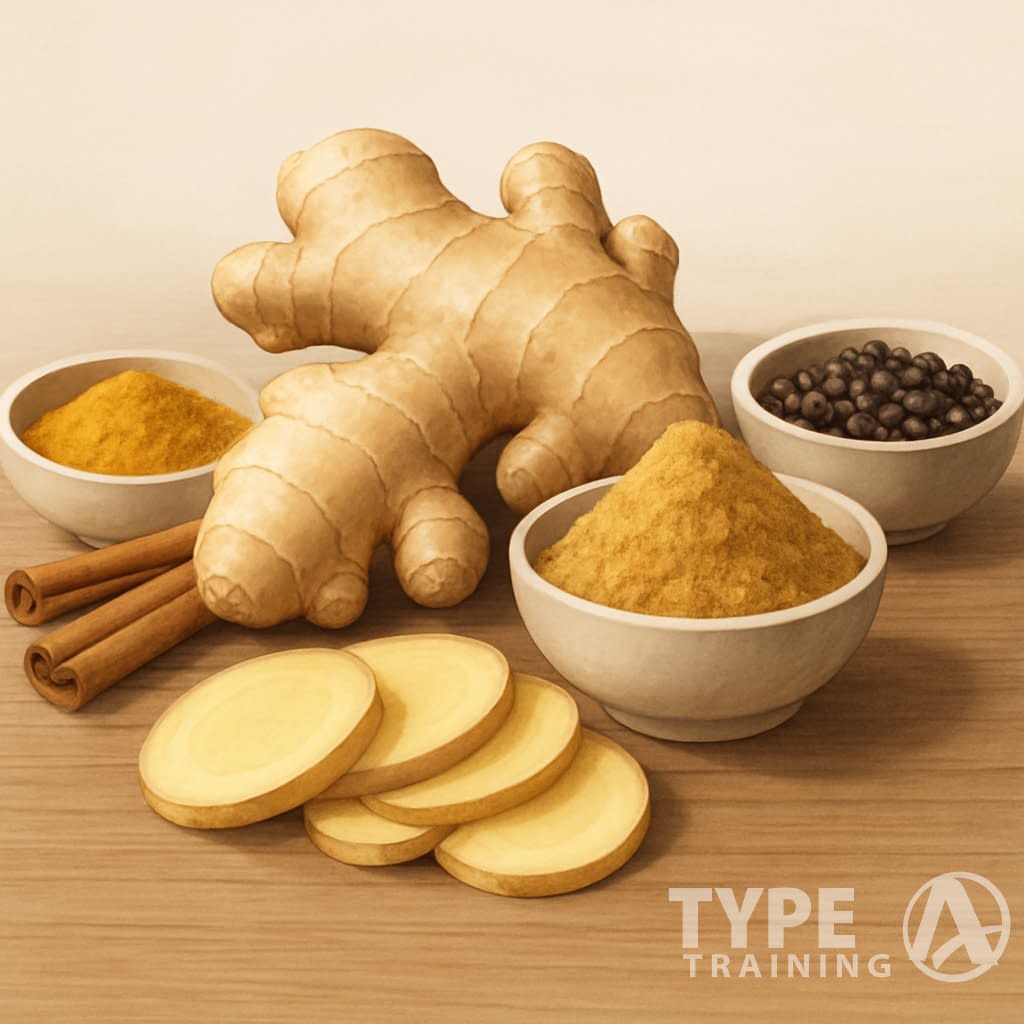 Fresh ginger roots, sliced ginger, and powdered ginger displayed with cinnamon sticks, turmeric powder, and black peppercorns on a wooden surface.