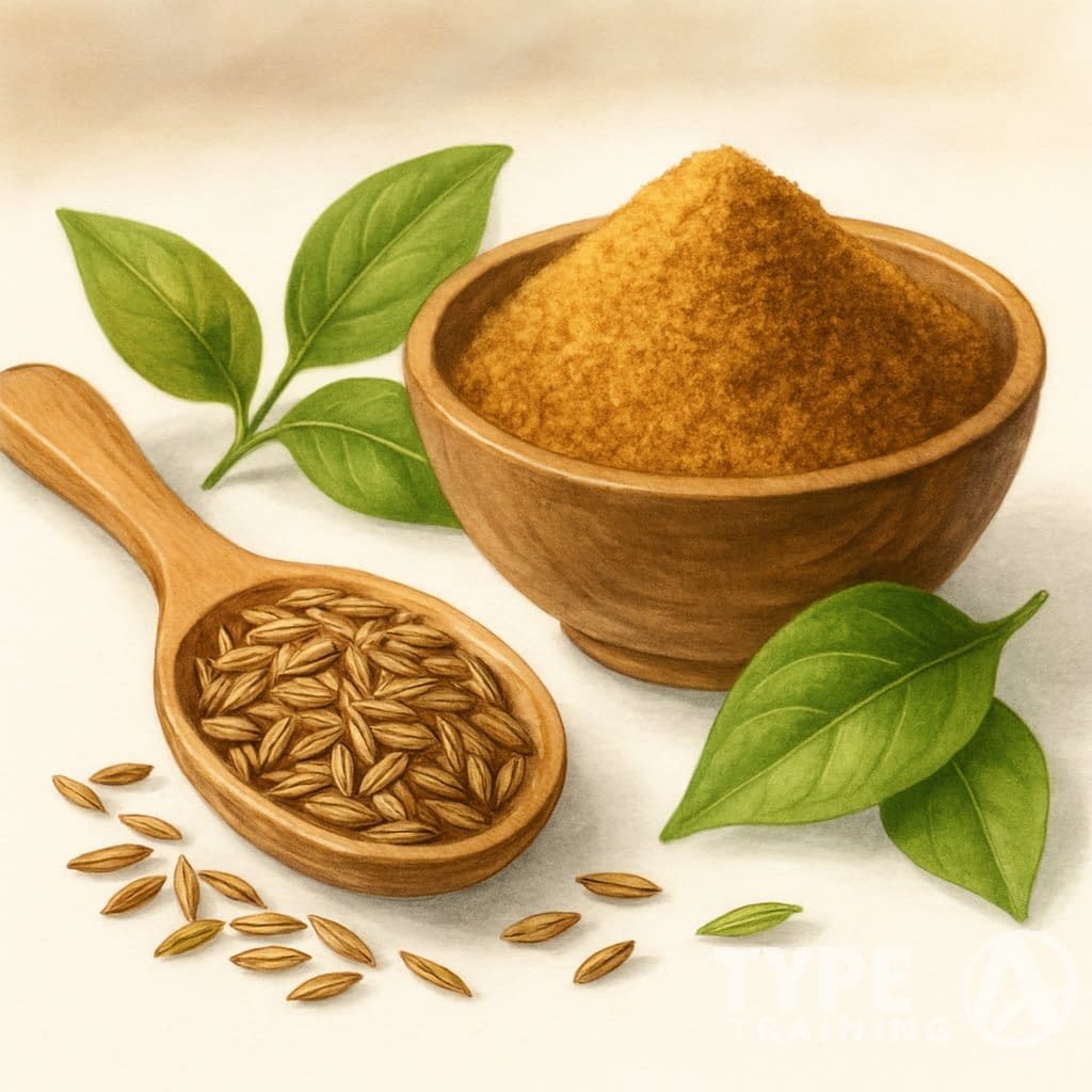 Close-up of cumin seeds and ground cumin powder with a wooden spoon and fresh green leaves on a white surface.