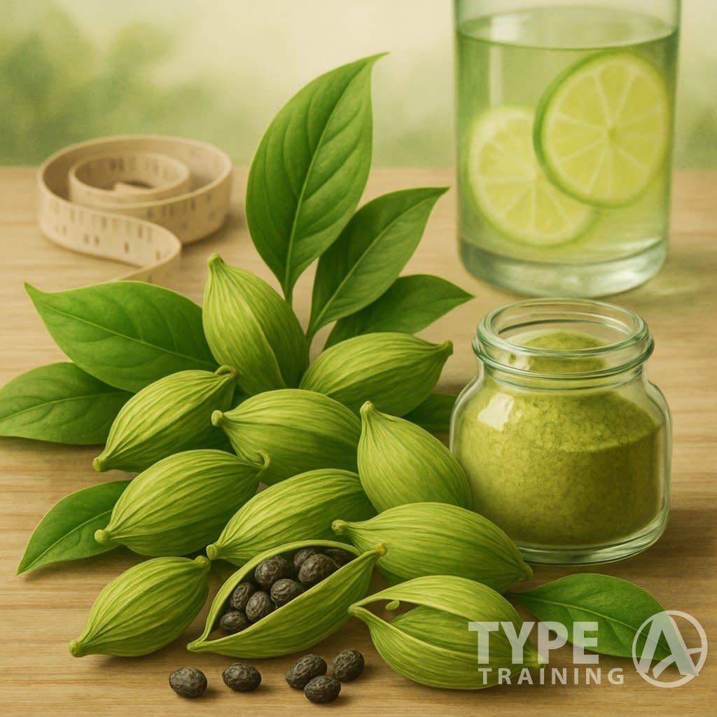A close-up of cardamom pods, seeds, and powder arranged with green leaves and a glass jar on a wooden surface, accompanied by a measuring tape and a glass of infused water.